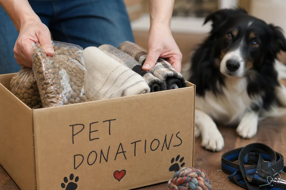 Don de matériel et d'alimentation pour animaux dans un carton