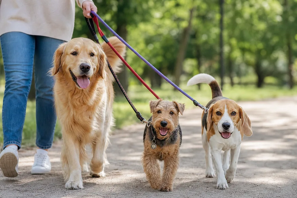 Promenade de plusieurs chiens par une personne assurant leur garde