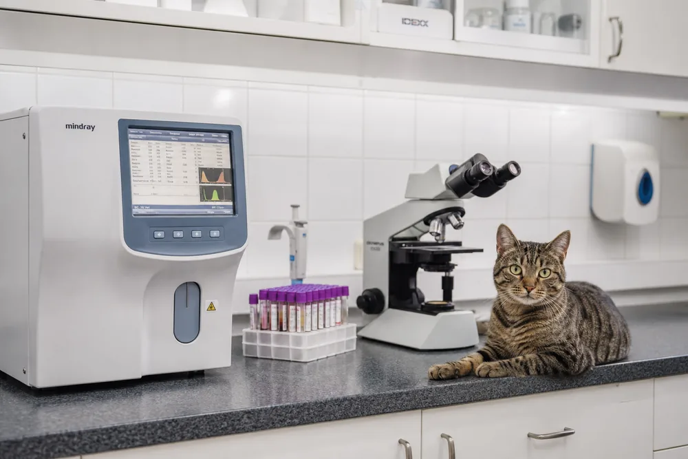 Laboratoire d'analyses avec automate d'hématologie et microscope
