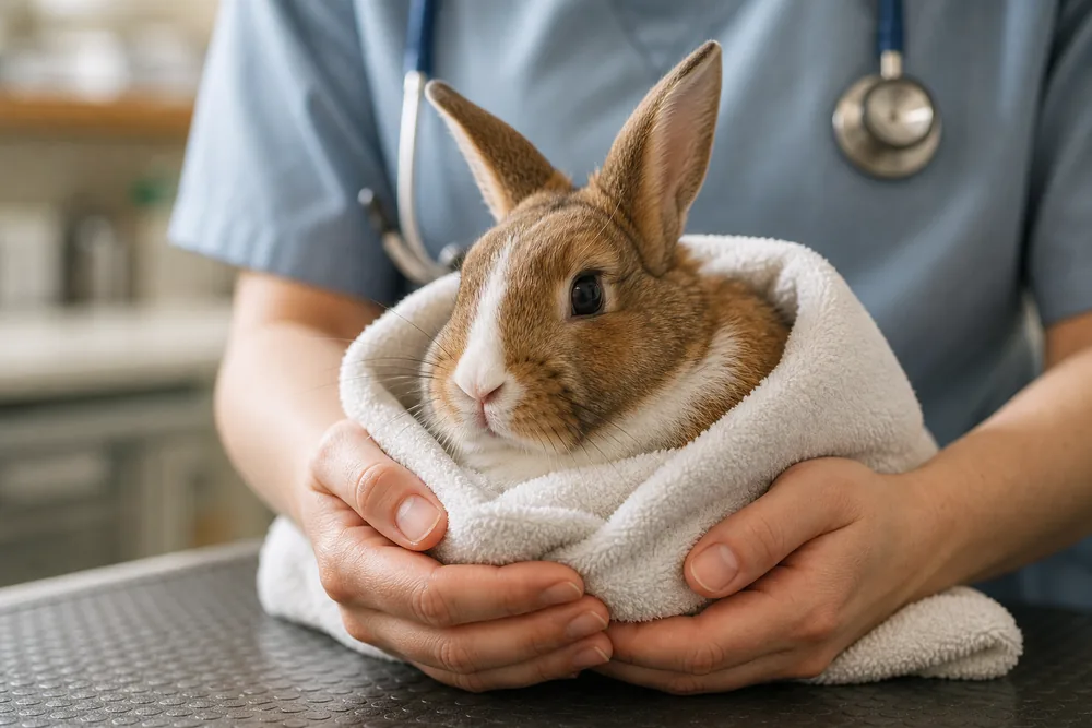 Lapin enveloppé dans une serviette tenu avec précaution par une vétérinaire