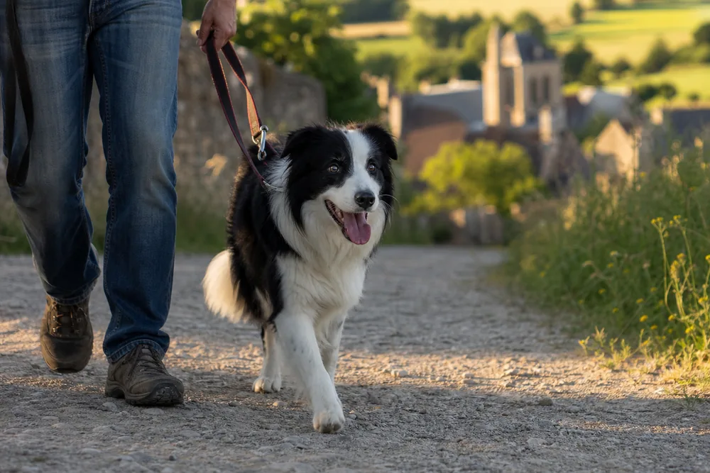 Border collie en promenade en laisse à la campagne