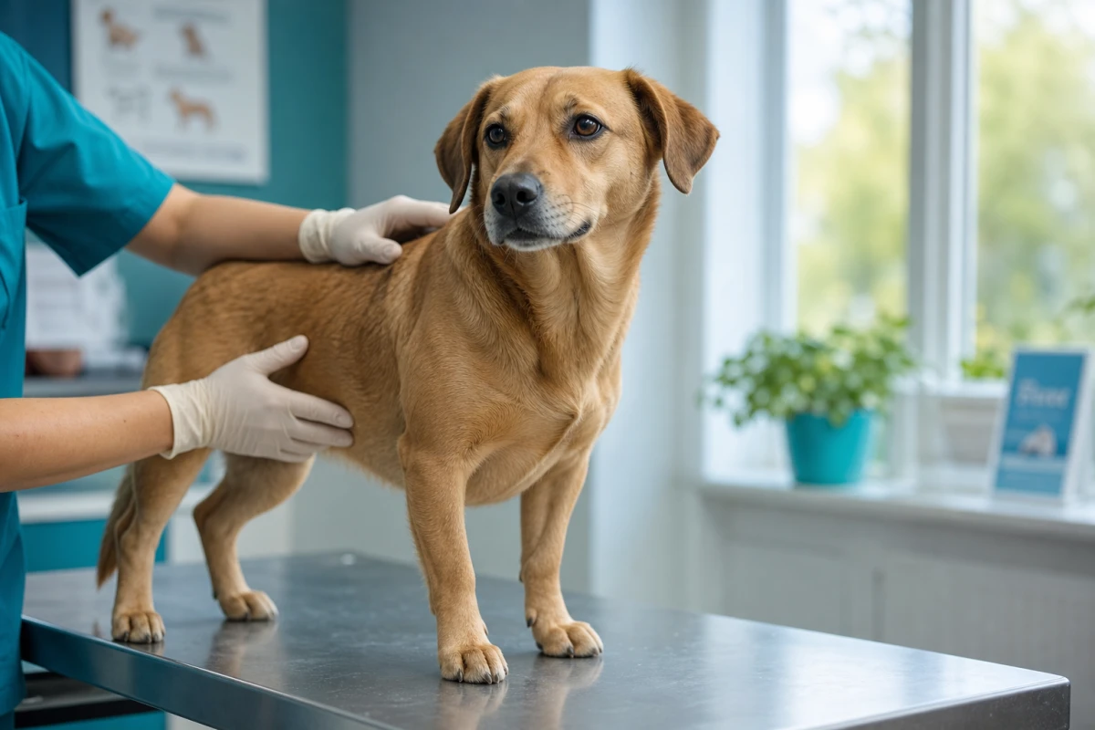 Chien debout sur une table d'examen pendant une consultation vétérinaire de routine