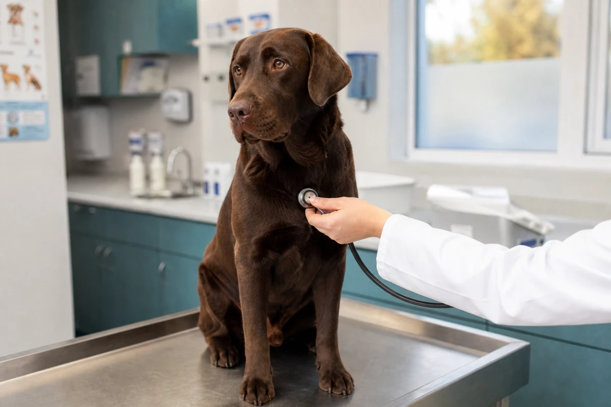 Vétérinaire auscultant au stéthoscope un chien calme installé sur la table d'examen