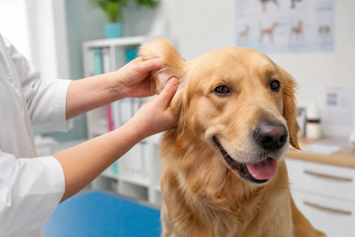 Mains d'un vétérinaire examinant avec douceur l'oreille d'un chien calme